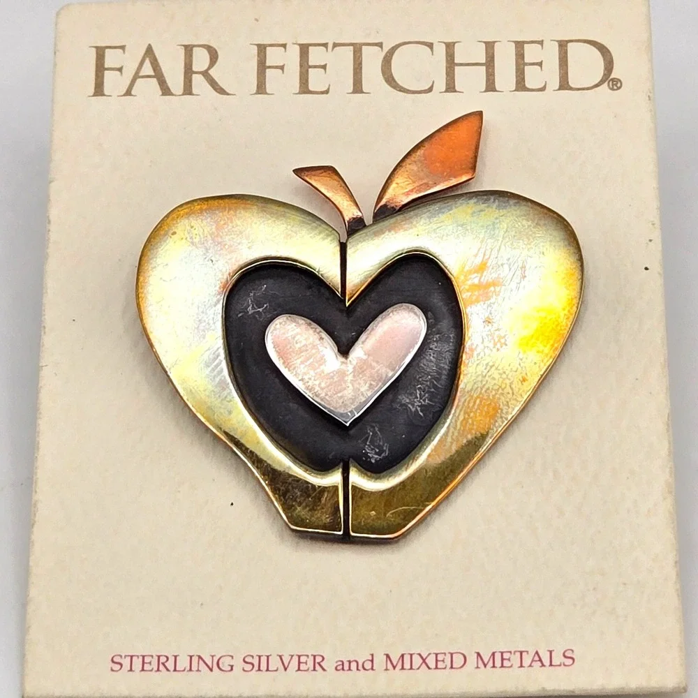 Far‎ Fetched Mixed Metal Brooch Apple Heart Sterling Silver Copper 1990s Mexico